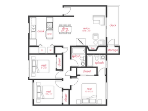 3 Bed, 2 Bath A 0G-0G202 floor plan